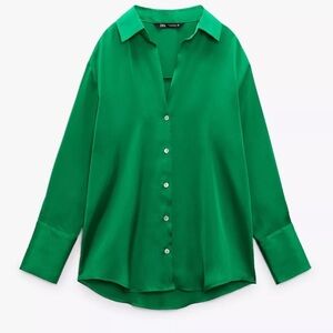 Zara Emerald Satin Button-Down Blouse